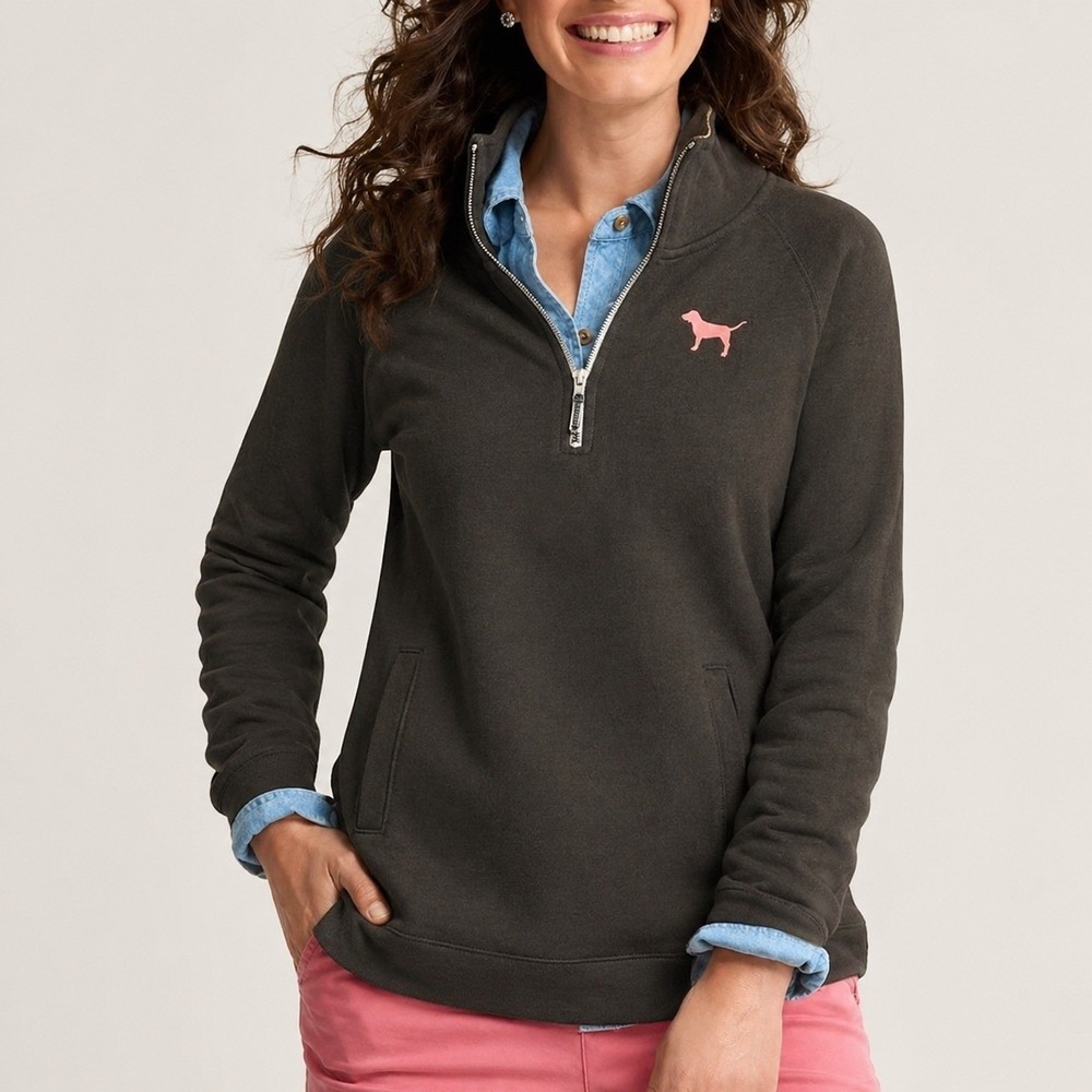 PINK Victoria's Secret Vintage Gray Long Sleeve 1/4 Zip Sweatshirt Pullo…